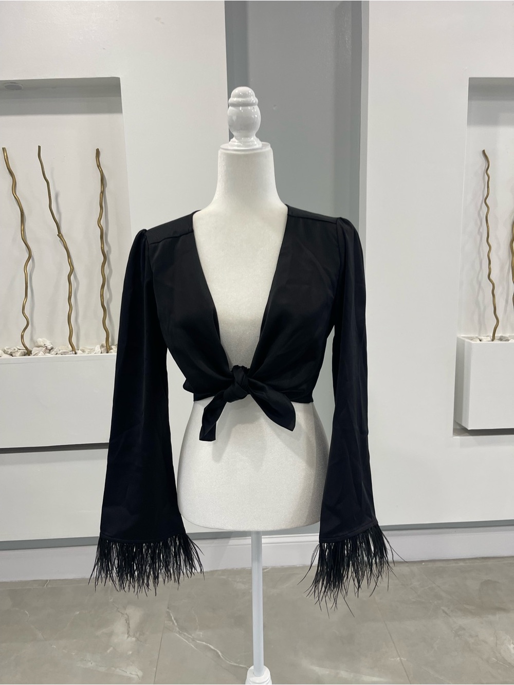 Wayf Black V-Neck Crop Top with Feather Trim